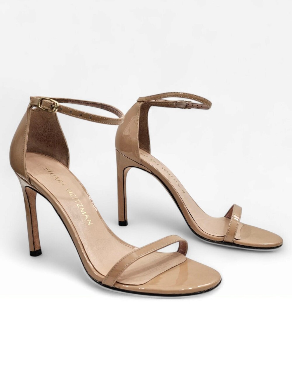 STUART WEITZMAN Nude Patent Ankle Strap Open Toe Stiletto Sandals Heels 6.5M